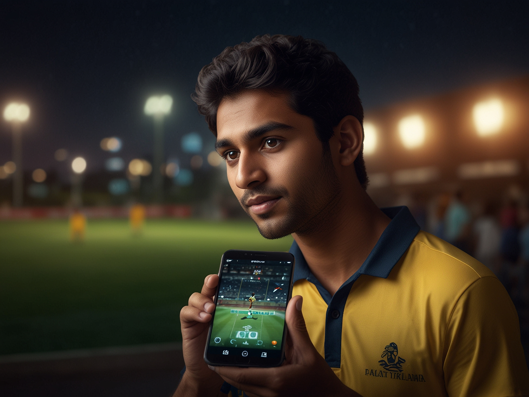 Cricket player with smartphone showing betting app